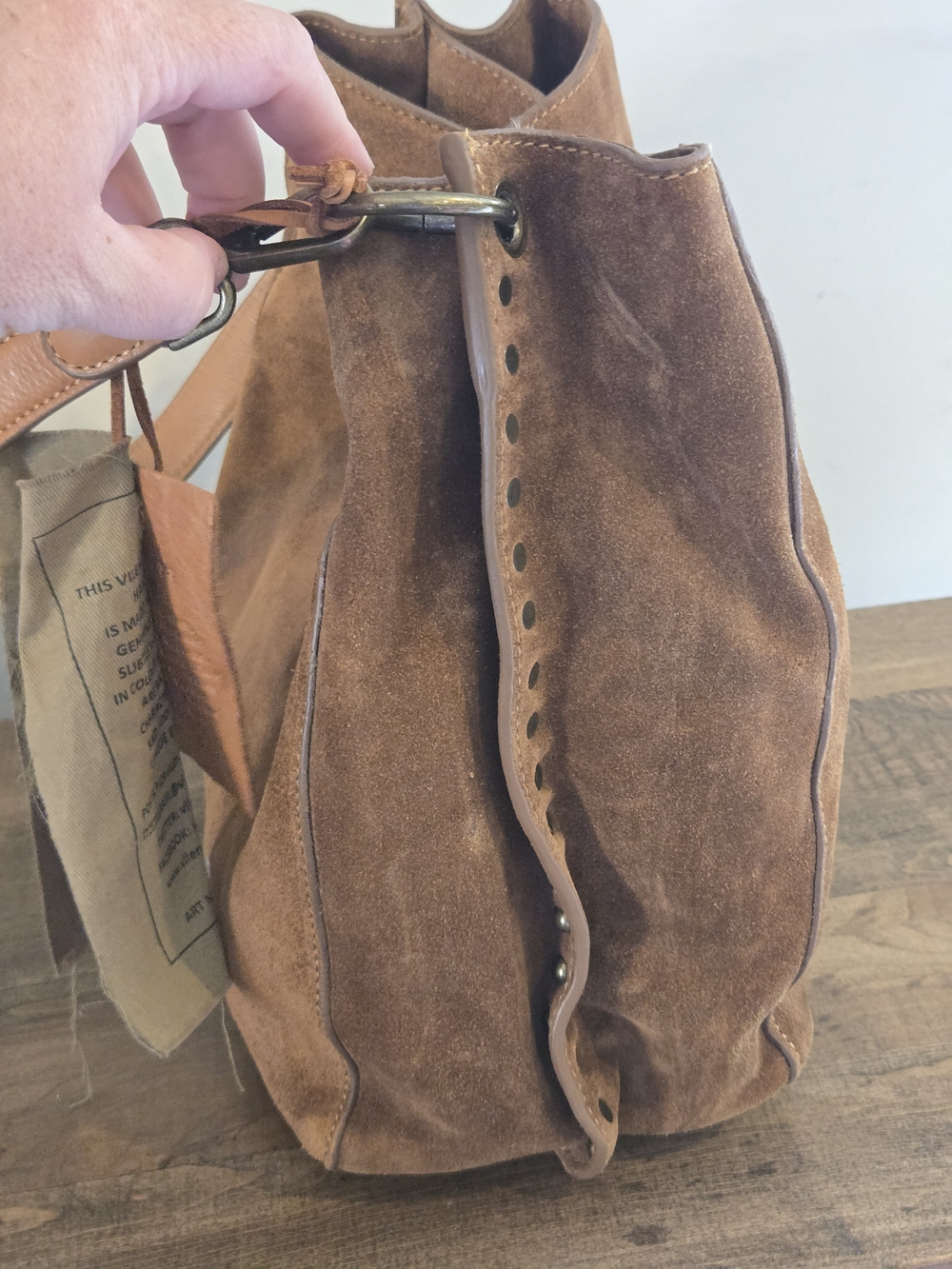 Vilenca Holland Chic Cognac Genuine Suede Shoulder Bag With Studded Sides - Picture 8 of 12